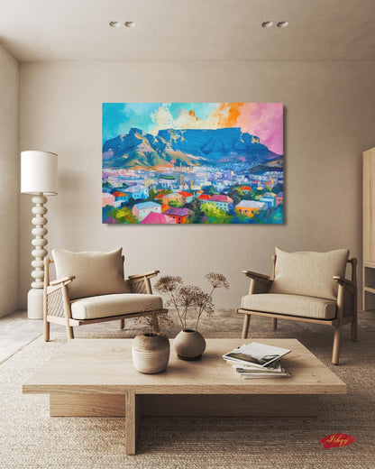 Cape Town South Africa Cityscape Painting Print, Canvas Framed Canvas, Table Mountain Skyline Art, Colorful Coastal Wall Art For Living Room