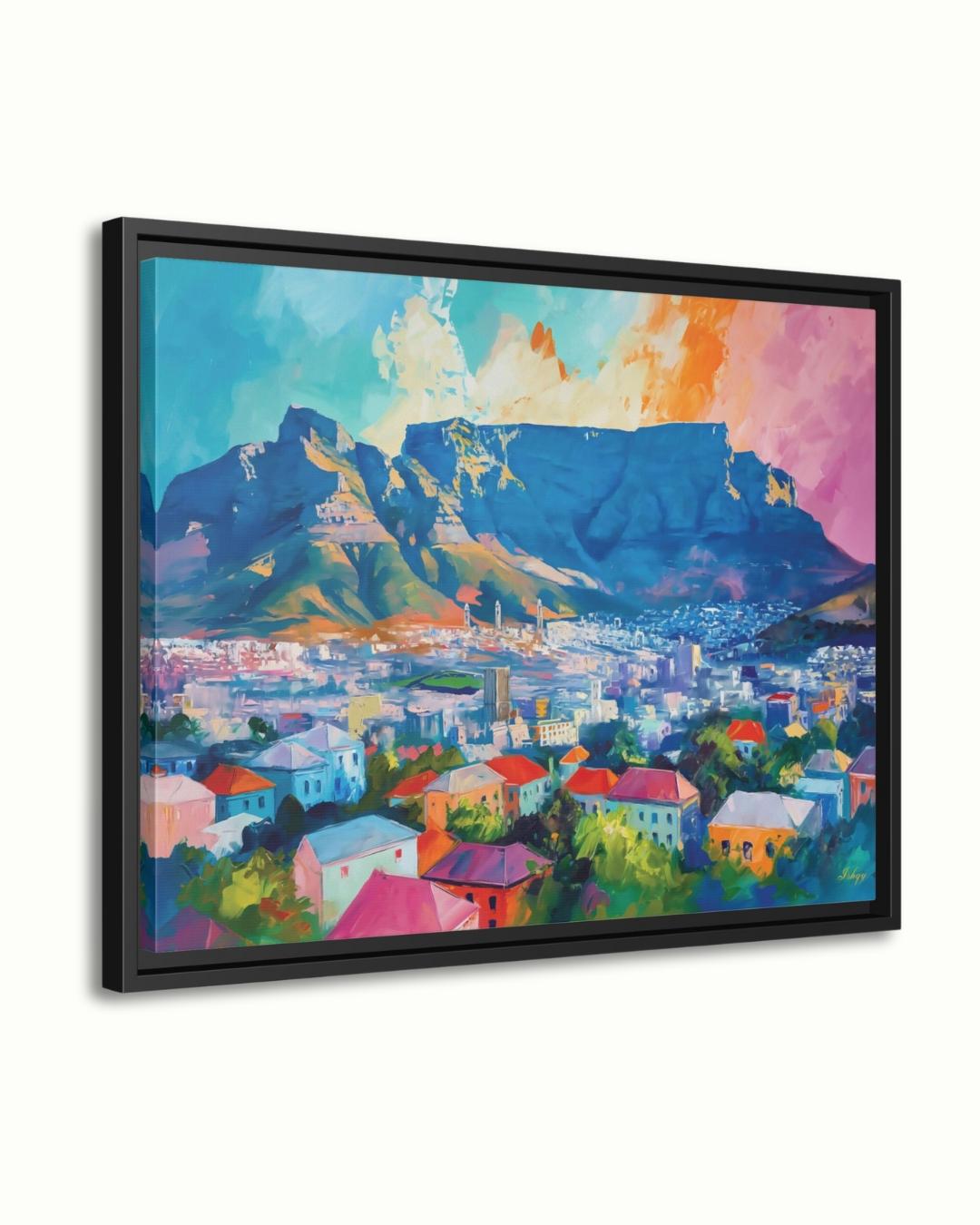 Cape Town South Africa Cityscape Painting Print, Canvas Framed Canvas, Table Mountain Skyline Art, Colorful Coastal Wall Art For Living Room