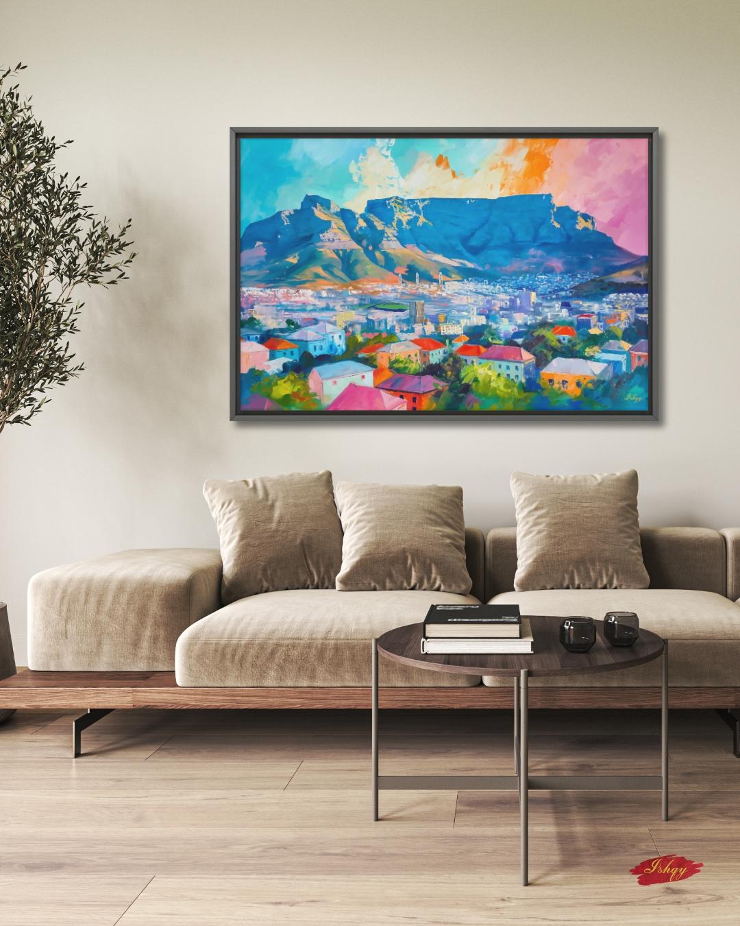 Cape Town South Africa Cityscape Painting Print, Canvas Framed Canvas, Table Mountain Skyline Art, Colorful Coastal Wall Art For Living Room