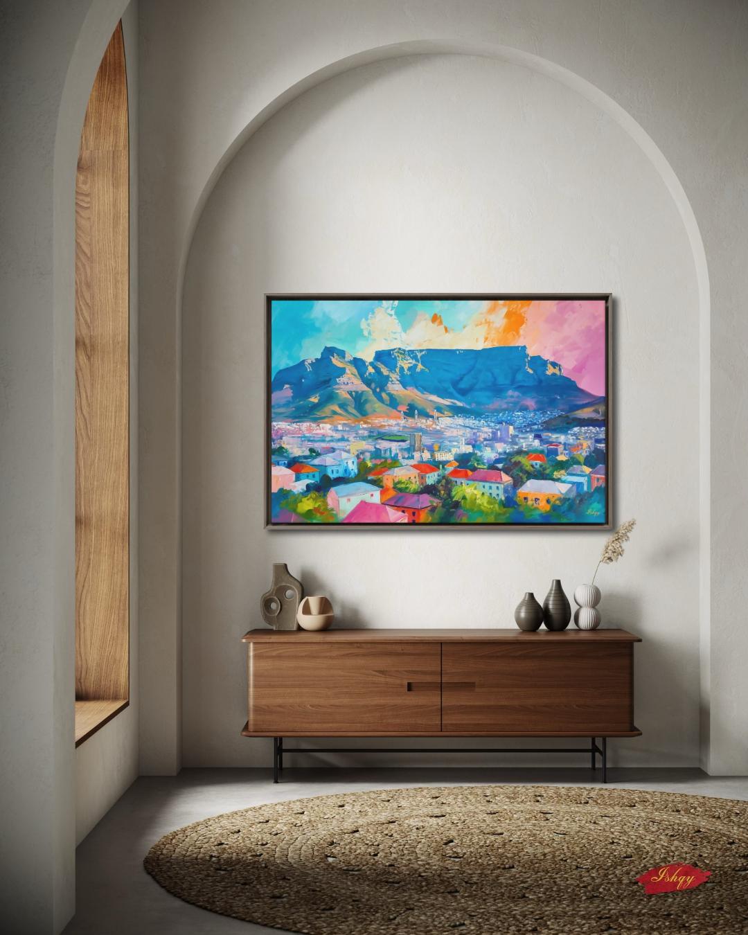 Cape Town South Africa Cityscape Painting Print, Canvas Framed Canvas, Table Mountain Skyline Art, Colorful Coastal Wall Art For Living Room