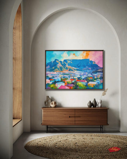 Cape Town South Africa Cityscape Painting Print, Canvas Framed Canvas, Table Mountain Skyline Art, Colorful Coastal Wall Art For Living Room