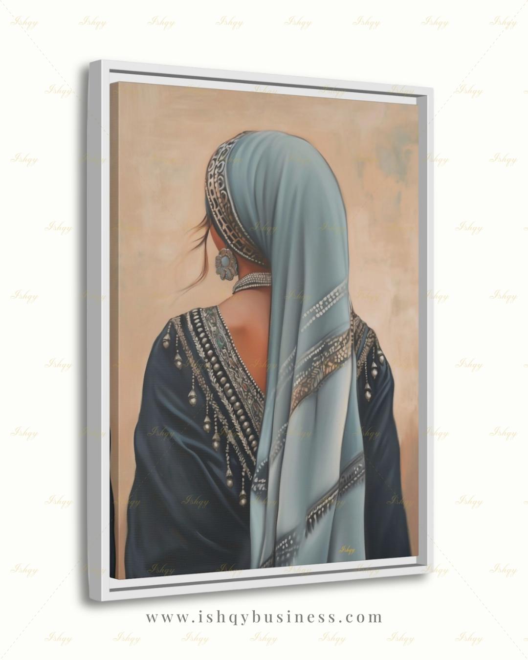 Berber Woman Wall Art, North African Portrait Print, Moroccan Tribal Canvas, Amazigh Culture Decor, Elegant Framed Canvas, Morocco Art Gift. Back-view portrait of a woman in a pale blue veil with an ornate silver headband, wearing a navy embroidered garment with silver beading and dangling ornaments, a floral silver earring, and a pearl necklace, against a warm beige textured background.