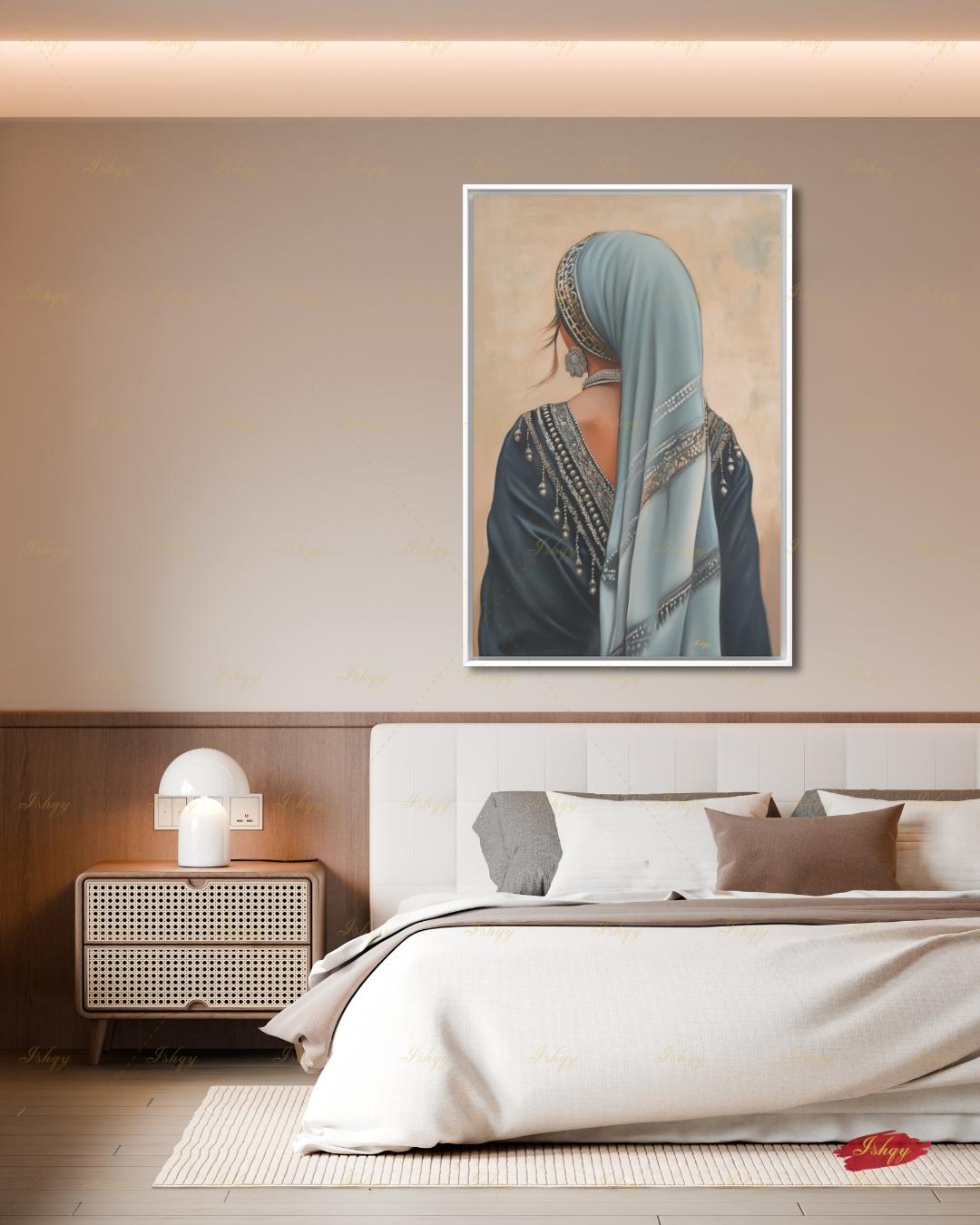 Berber Woman Wall Art, North African Portrait Print, Moroccan Tribal Canvas, Amazigh Culture Decor, Elegant Framed Canvas, Morocco Art Gift. Back-view portrait of a woman in a pale blue veil with an ornate silver headband, wearing a navy embroidered garment with silver beading and dangling ornaments, a floral silver earring, and a pearl necklace, against a warm beige textured background.