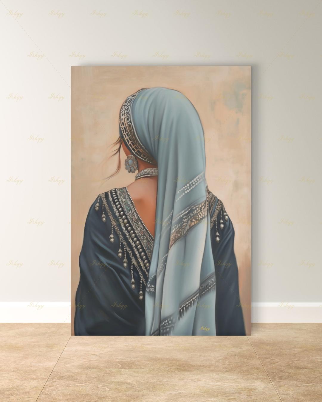 Berber Woman Wall Art, North African Portrait Print, Moroccan Tribal Canvas, Amazigh Culture Decor, Elegant Framed Canvas, Morocco Art Gift. Back-view portrait of a woman in a pale blue veil with an ornate silver headband, wearing a navy embroidered garment with silver beading and dangling ornaments, a floral silver earring, and a pearl necklace, against a warm beige textured background.