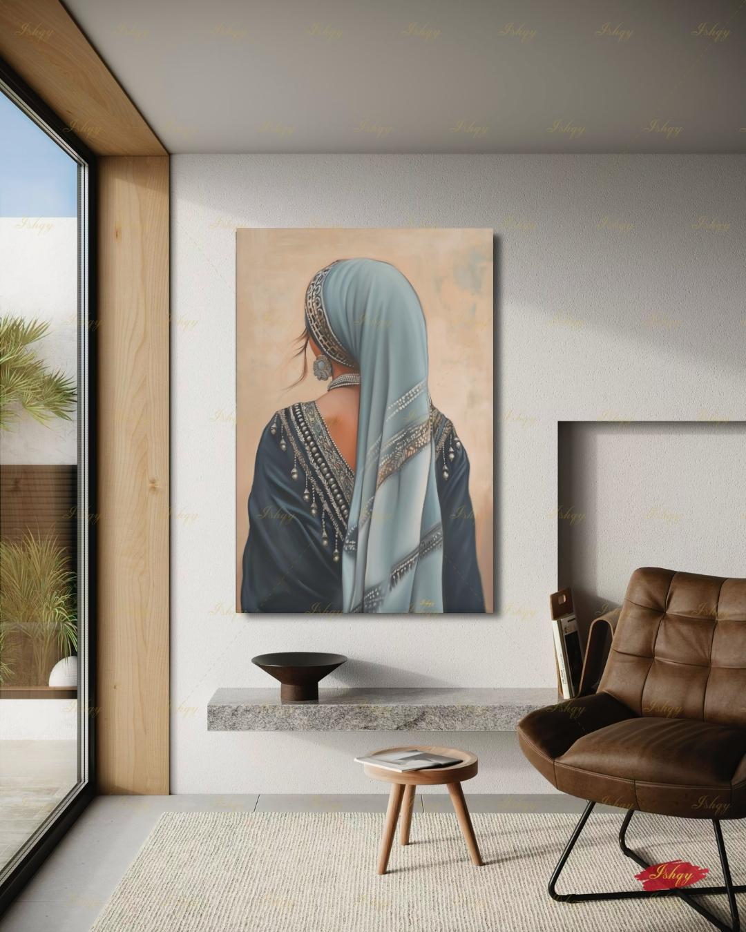 Berber Woman Wall Art, North African Portrait Print, Moroccan Tribal Canvas, Amazigh Culture Decor, Elegant Framed Canvas, Morocco Art Gift. Back-view portrait of a woman in a pale blue veil with an ornate silver headband, wearing a navy embroidered garment with silver beading and dangling ornaments, a floral silver earring, and a pearl necklace, against a warm beige textured background.