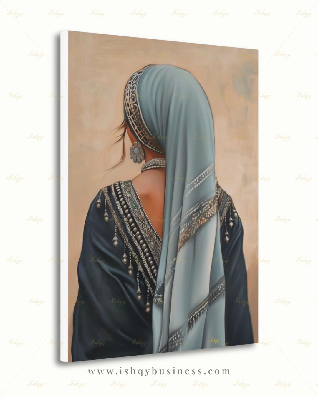 Berber Woman Wall Art, North African Portrait Print, Moroccan Tribal Canvas, Amazigh Culture Decor, Elegant Framed Canvas, Morocco Art Gift. Back-view portrait of a woman in a pale blue veil with an ornate silver headband, wearing a navy embroidered garment with silver beading and dangling ornaments, a floral silver earring, and a pearl necklace, against a warm beige textured background.