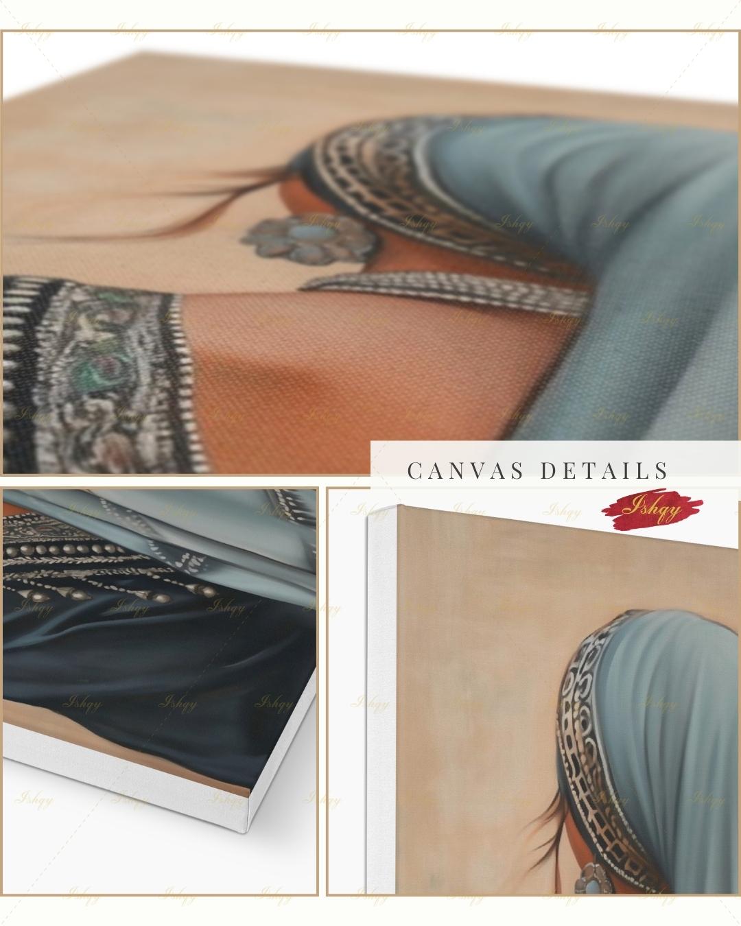 Berber Woman Wall Art, North African Portrait Print, Moroccan Tribal Canvas, Amazigh Culture Decor, Elegant Framed Canvas, Morocco Art Gift. Back-view portrait of a woman in a pale blue veil with an ornate silver headband, wearing a navy embroidered garment with silver beading and dangling ornaments, a floral silver earring, and a pearl necklace, against a warm beige textured background.