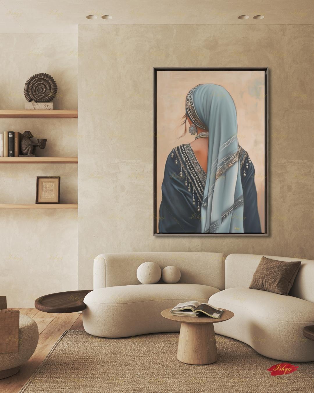 Berber Woman Wall Art, North African Portrait Print, Moroccan Tribal Canvas, Amazigh Culture Decor, Elegant Framed Canvas, Morocco Art Gift. Back-view portrait of a woman in a pale blue veil with an ornate silver headband, wearing a navy embroidered garment with silver beading and dangling ornaments, a floral silver earring, and a pearl necklace, against a warm beige textured background.