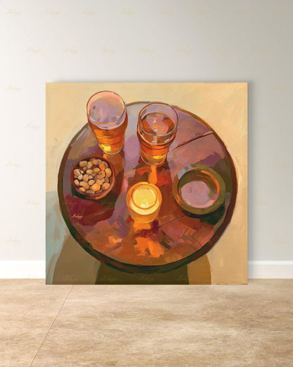 Pub Scene Wall Art, Beer Glass Still Life Canvas Print, Warm Amber Bar Decor, Man Cave Candle Table Art, Framed Canvas, Beer Lover Gift
