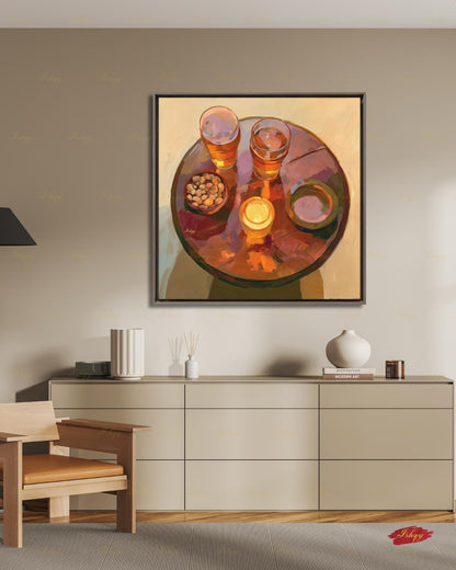 Pub Scene Wall Art, Beer Glass Still Life Canvas Print, Warm Amber Bar Decor, Man Cave Candle Table Art, Framed Canvas, Beer Lover Gift