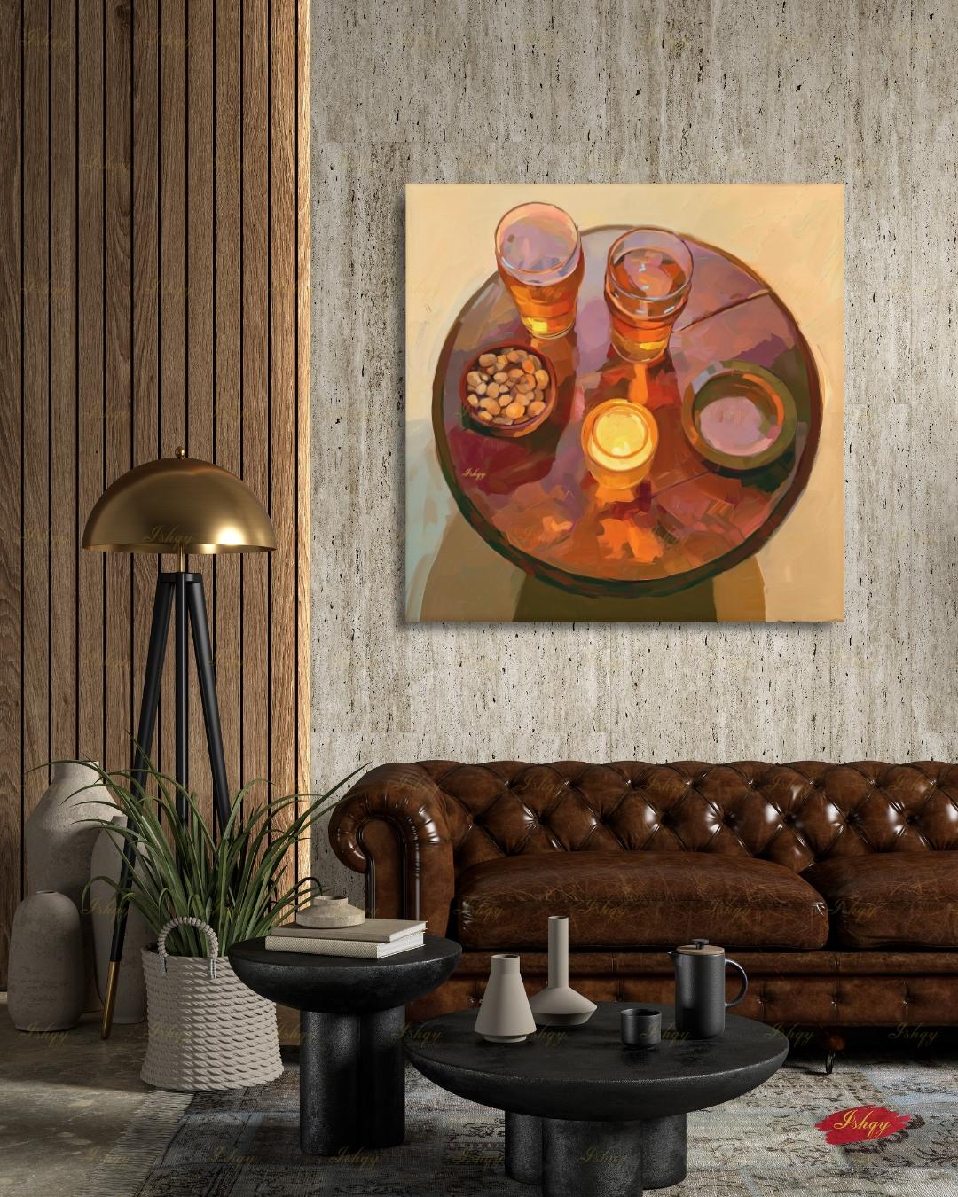 Pub Scene Wall Art, Beer Glass Still Life Canvas Print, Warm Amber Bar Decor, Man Cave Candle Table Art, Framed Canvas, Beer Lover Gift