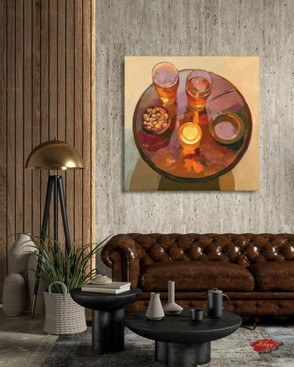 Pub Scene Wall Art, Beer Glass Still Life Canvas Print, Warm Amber Bar Decor, Man Cave Candle Table Art, Framed Canvas, Beer Lover Gift