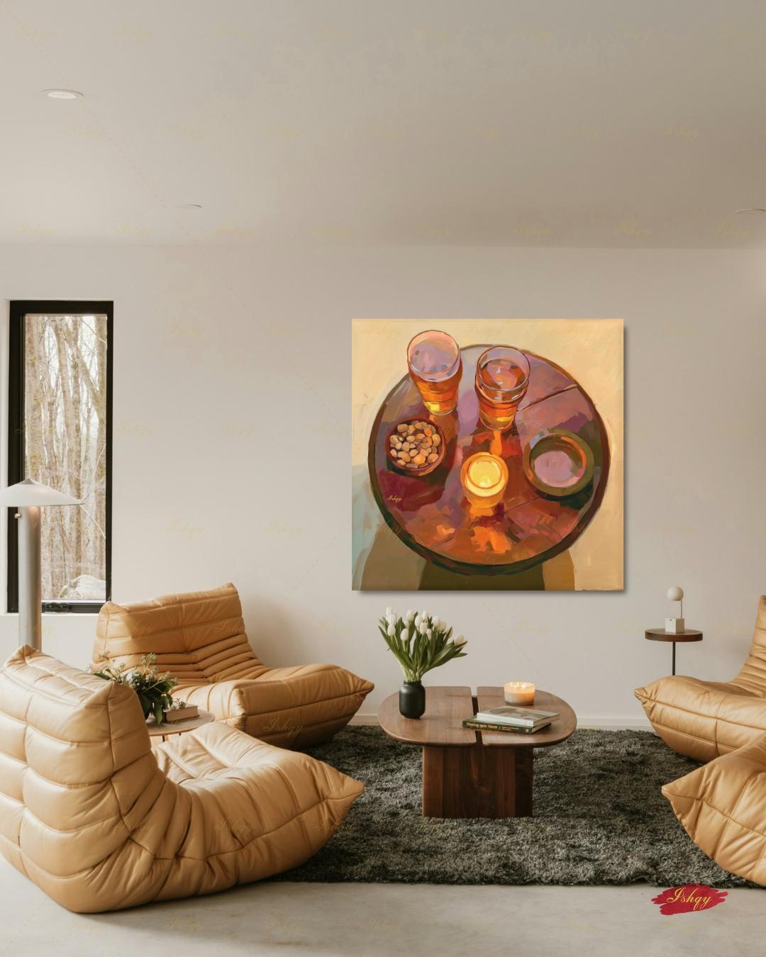 Pub Scene Wall Art, Beer Glass Still Life Canvas Print, Warm Amber Bar Decor, Man Cave Candle Table Art, Framed Canvas, Beer Lover Gift