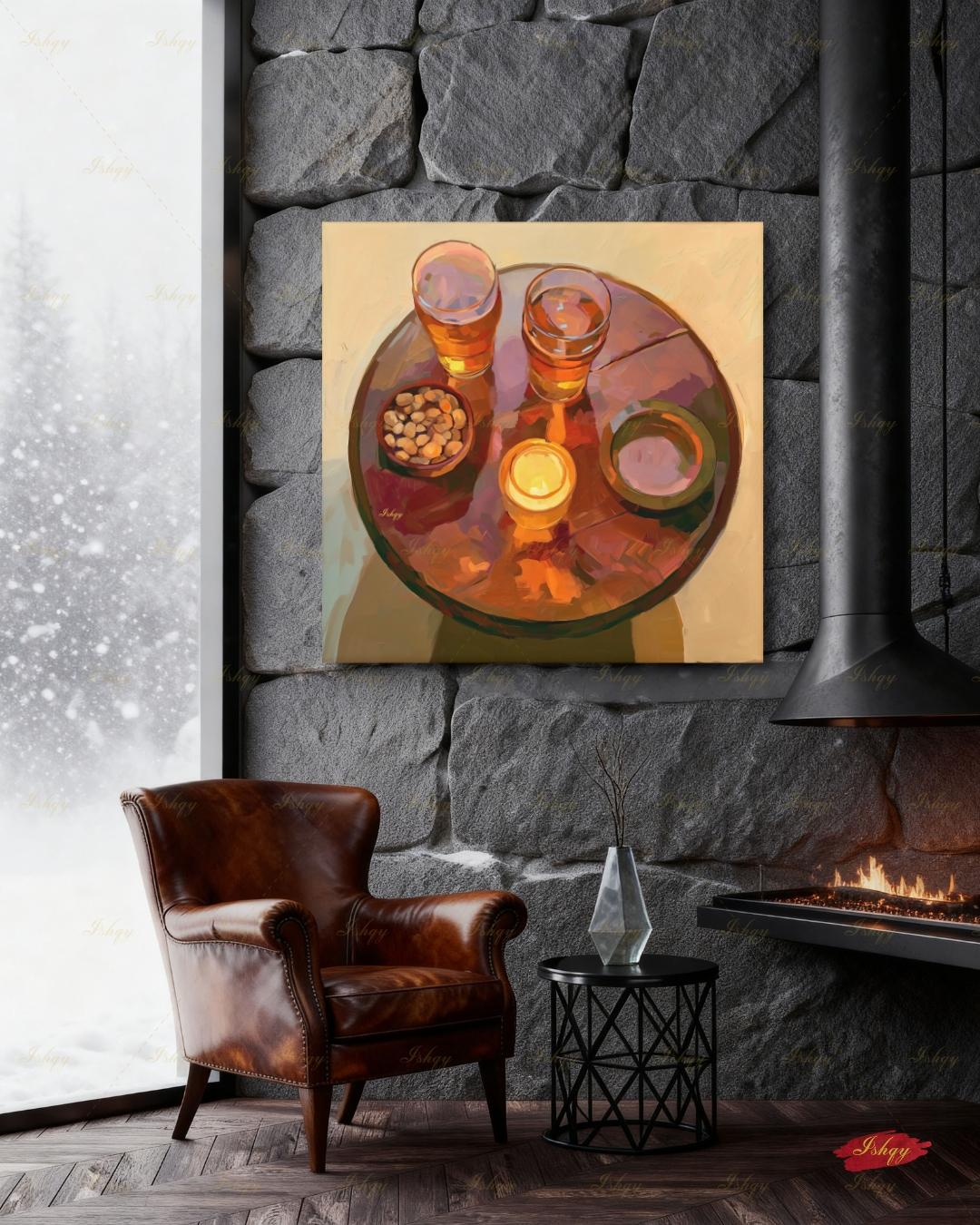 Pub Scene Wall Art, Beer Glass Still Life Canvas Print, Warm Amber Bar Decor, Man Cave Candle Table Art, Framed Canvas, Beer Lover Gift
