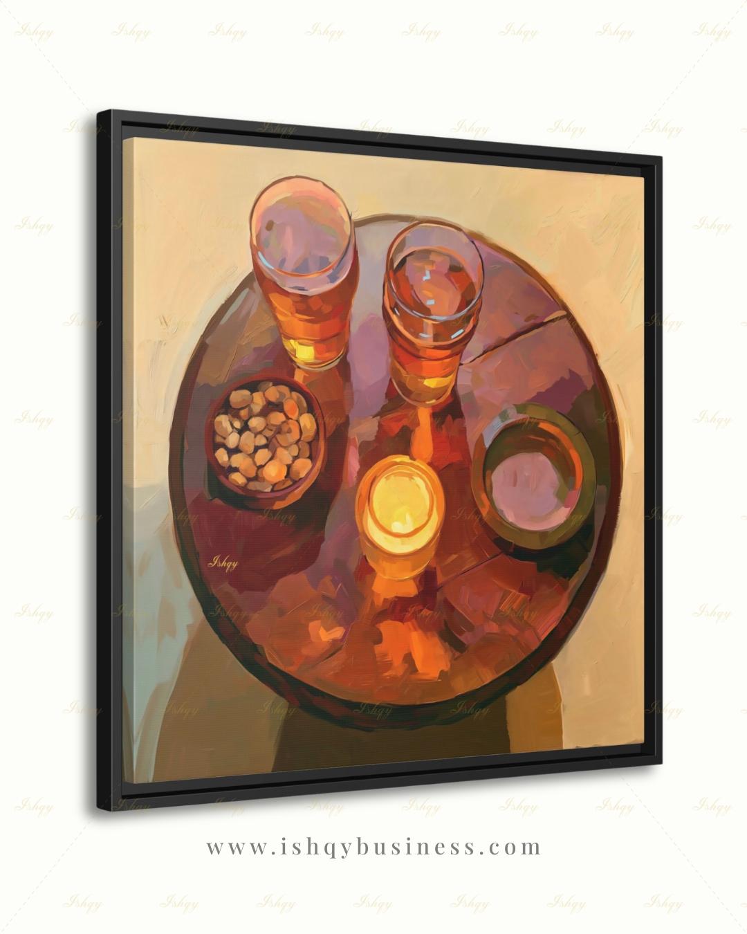 Pub Scene Wall Art, Beer Glass Still Life Canvas Print, Warm Amber Bar Decor, Man Cave Candle Table Art, Framed Canvas, Beer Lover Gift