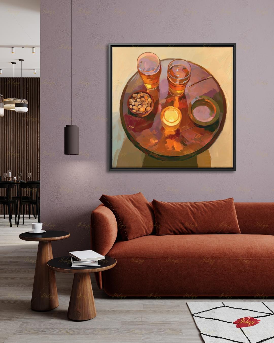 Pub Scene Wall Art, Beer Glass Still Life Canvas Print, Warm Amber Bar Decor, Man Cave Candle Table Art, Framed Canvas, Beer Lover Gift