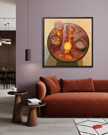 Pub Scene Wall Art, Beer Glass Still Life Canvas Print, Warm Amber Bar Decor, Man Cave Candle Table Art, Framed Canvas, Beer Lover Gift