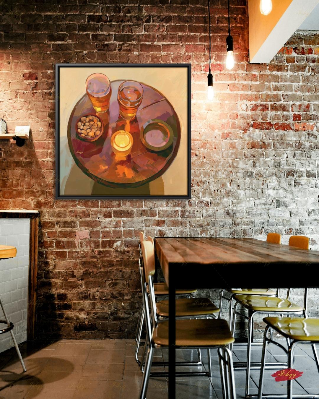 Pub Scene Wall Art, Beer Glass Still Life Canvas Print, Warm Amber Bar Decor, Man Cave Candle Table Art, Framed Canvas, Beer Lover Gift