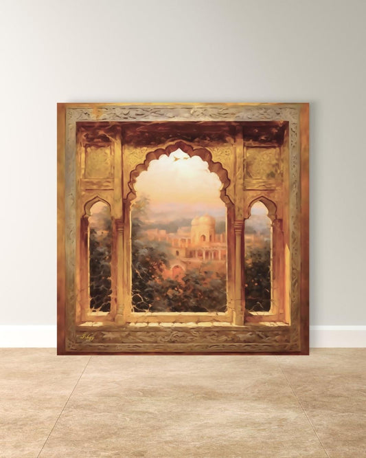 The Mughal Arch | Indian Heritage Wall Art Print | IshqyBusiness. The Mughal Arch art print featuring intricate Indian architecture and sunset views. Canvas & framed canvas painting print for timeless home decor. 