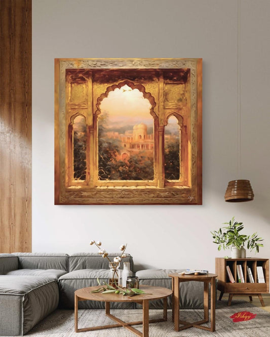 The Mughal Arch | Indian Heritage Wall Art Print | IshqyBusiness. The Mughal Arch art print featuring intricate Indian architecture and sunset views. Canvas & framed canvas painting print for timeless home decor. 
