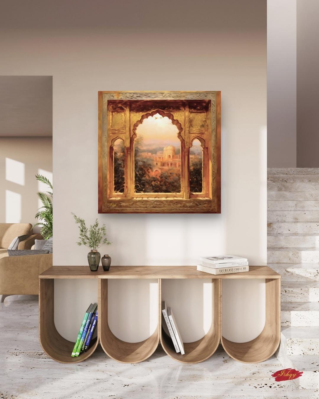 The Mughal Arch | Indian Heritage Wall Art Print | IshqyBusiness. The Mughal Arch art print featuring intricate Indian architecture and sunset views. Canvas & framed canvas painting print for timeless home decor. 