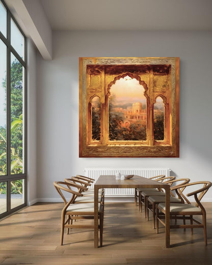 The Mughal Arch | Indian Heritage Wall Art Print | IshqyBusiness. The Mughal Arch art print featuring intricate Indian architecture and sunset views. Canvas & framed canvas painting print for timeless home decor. 
