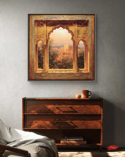 The Mughal Arch | Indian Heritage Wall Art Print | IshqyBusiness. The Mughal Arch art print featuring intricate Indian architecture and sunset views. Canvas & framed canvas painting print for timeless home decor. 