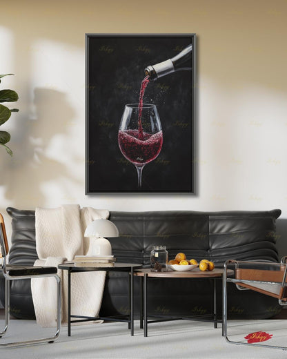 Red Wine Wall Art, Dark Moody Wine Pour Canvas Print, Black Kitchen Bar Decor, Wine Lover Gift, Elegant Dining Room Framed Canvas Print