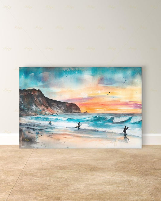 Todos Santos Mexico Surf Canvas Wall Art, Sunset Surfer Beach Framed Canvas Print, Watercolor Coastal Ocean Seascape Painting, Living Room Decor