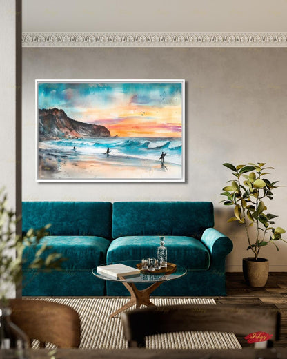 Todos Santos Mexico Surf Canvas Wall Art, Sunset Surfer Beach Framed Canvas Print, Watercolor Coastal Ocean Seascape Painting, Living Room Decor