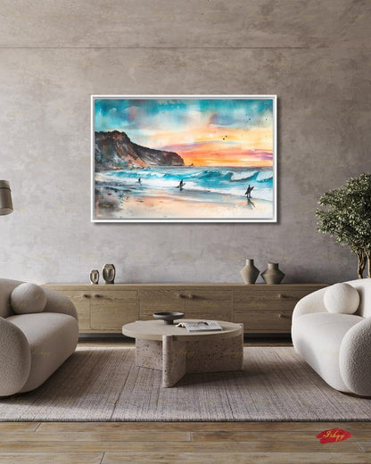 Todos Santos Mexico Surf Canvas Wall Art, Sunset Surfer Beach Framed Canvas Print, Watercolor Coastal Ocean Seascape Painting, Living Room Decor
