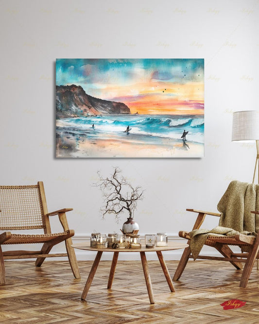 Todos Santos Mexico Surf Canvas Wall Art, Sunset Surfer Beach Framed Canvas Print, Watercolor Coastal Ocean Seascape Painting, Living Room Decor