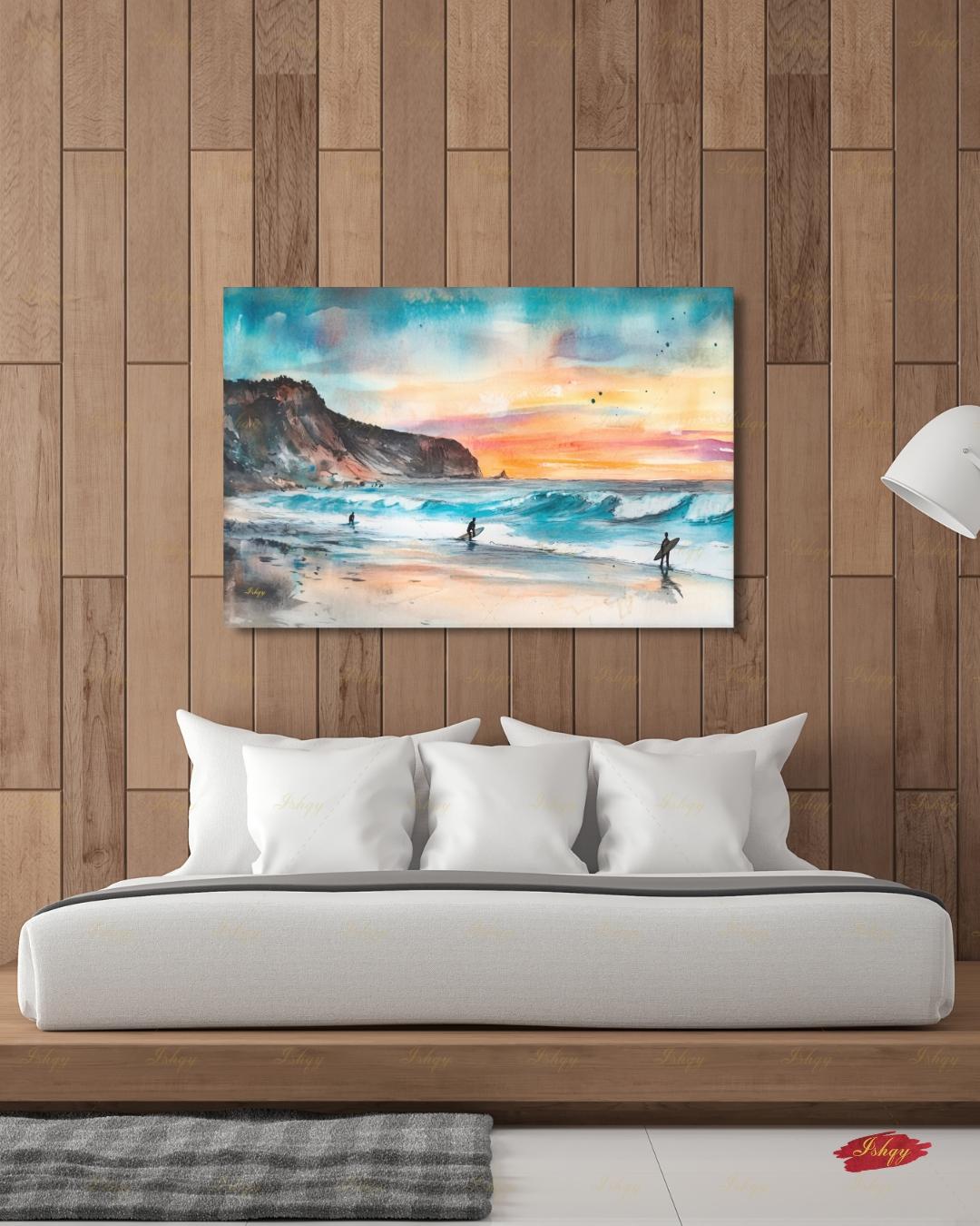 Todos Santos Mexico Surf Canvas Wall Art, Sunset Surfer Beach Framed Canvas Print, Watercolor Coastal Ocean Seascape Painting, Living Room Decor