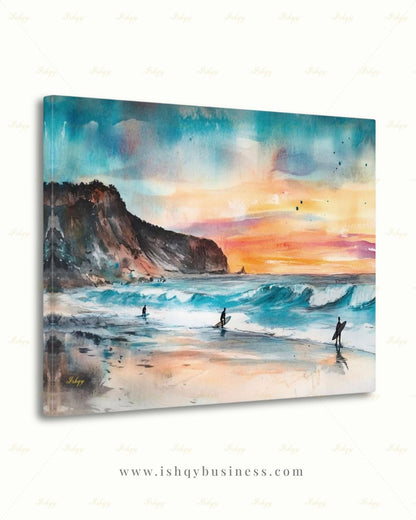 Todos Santos Mexico Surf Canvas Wall Art, Sunset Surfer Beach Framed Canvas Print, Watercolor Coastal Ocean Seascape Painting, Living Room Decor