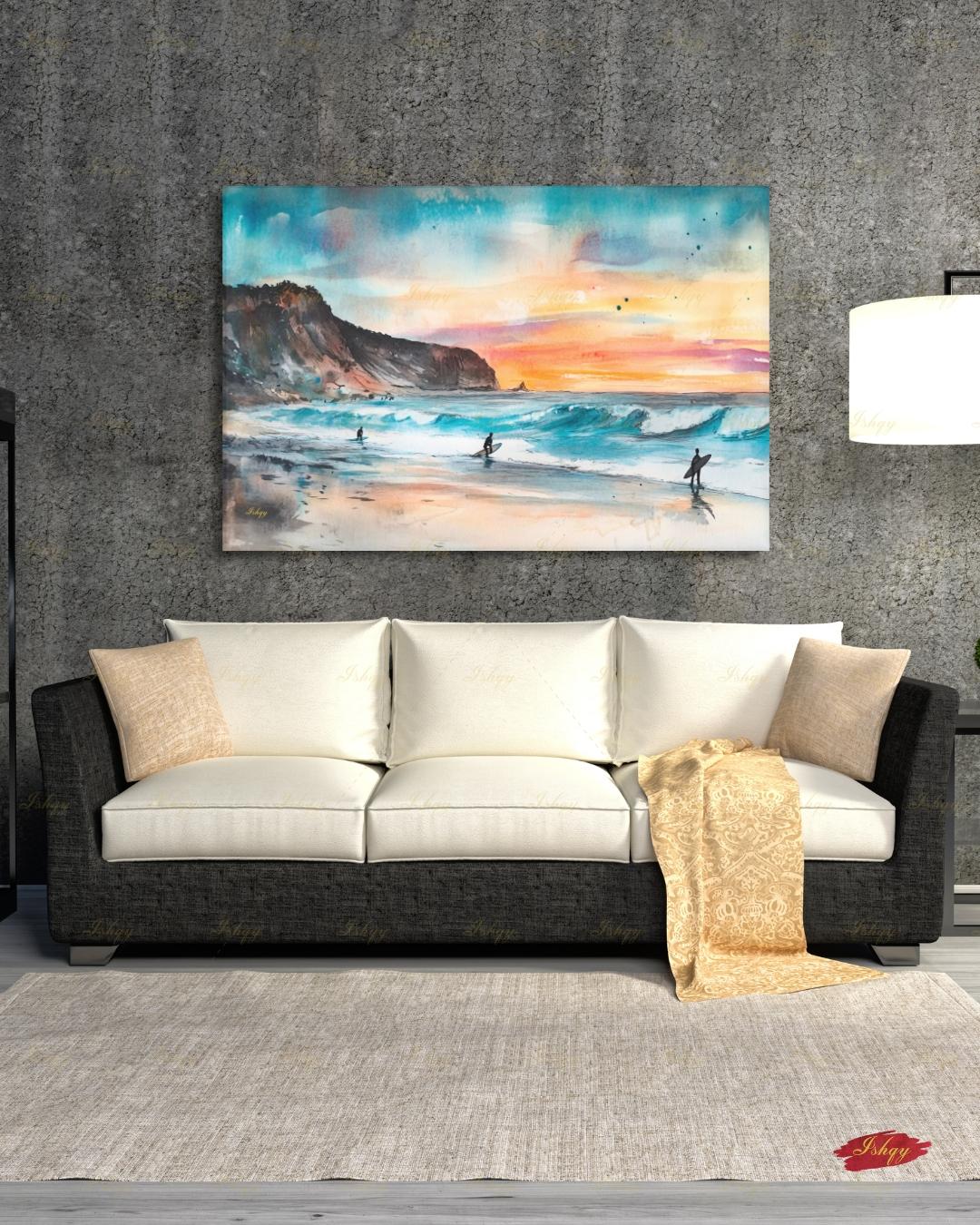Todos Santos Mexico Surf Canvas Wall Art, Sunset Surfer Beach Framed Canvas Print, Watercolor Coastal Ocean Seascape Painting, Living Room Decor