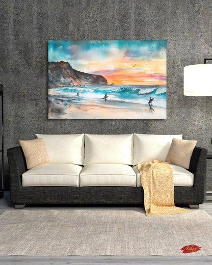 Todos Santos Mexico Surf Canvas Wall Art, Sunset Surfer Beach Framed Canvas Print, Watercolor Coastal Ocean Seascape Painting, Living Room Decor