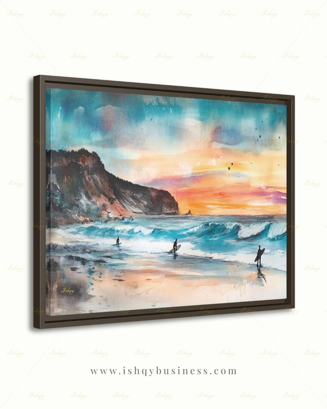 Todos Santos Mexico Surf Canvas Wall Art, Sunset Surfer Beach Framed Canvas Print, Watercolor Coastal Ocean Seascape Painting, Living Room Decor