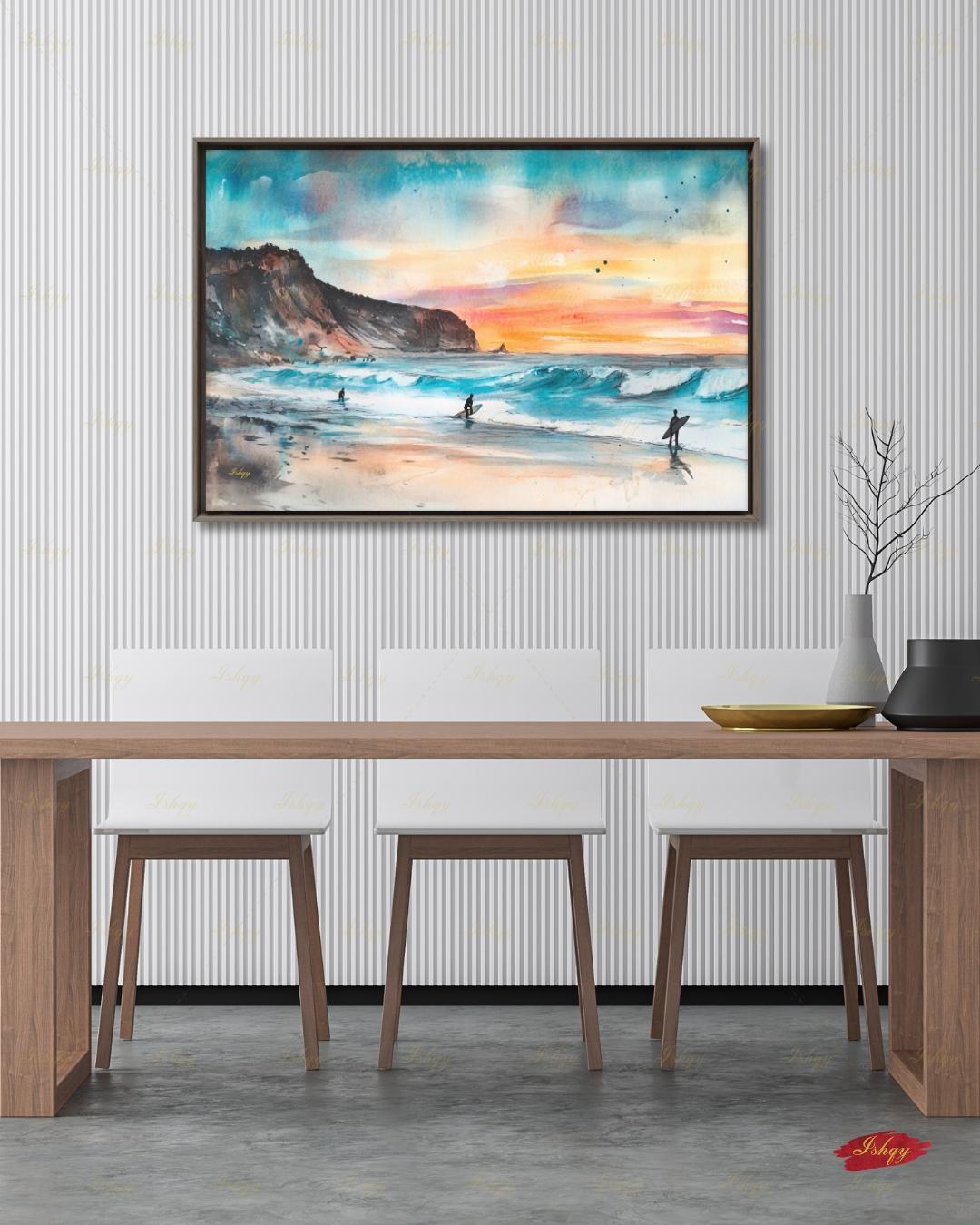 Todos Santos Mexico Surf Canvas Wall Art, Sunset Surfer Beach Framed Canvas Print, Watercolor Coastal Ocean Seascape Painting, Living Room Decor