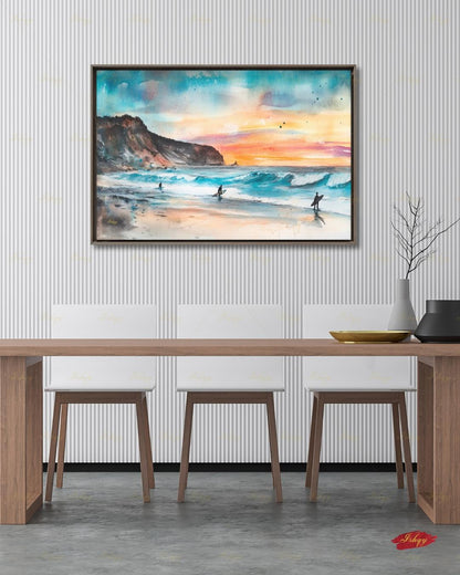 Todos Santos Mexico Surf Canvas Wall Art, Sunset Surfer Beach Framed Canvas Print, Watercolor Coastal Ocean Seascape Painting, Living Room Decor