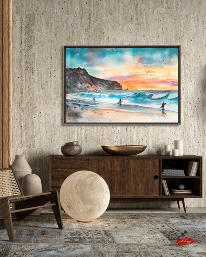 Todos Santos Mexico Surf Canvas Wall Art, Sunset Surfer Beach Framed Canvas Print, Watercolor Coastal Ocean Seascape Painting, Living Room Decor