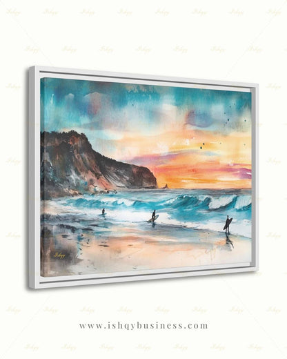 Todos Santos Mexico Surf Canvas Wall Art, Sunset Surfer Beach Framed Canvas Print, Watercolor Coastal Ocean Seascape Painting, Living Room Decor