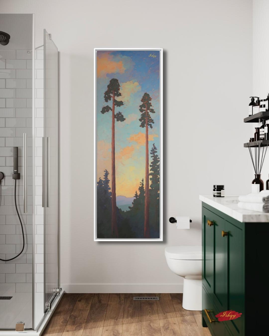 Sunset Forest Tall Pine Tree Art Print, Vertical Nature Wall Art, Mountain Landscape Canvas, Sequoia Tree Decor, Rustic Cabin Home Artwork