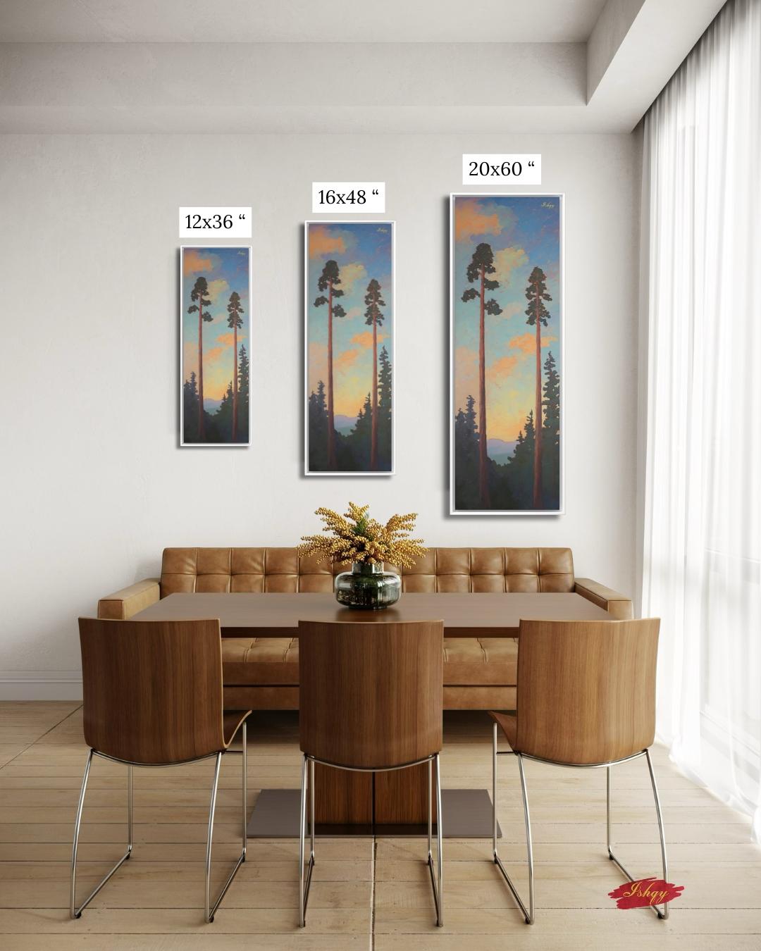 Sunset Forest Tall Pine Tree Art Print, Vertical Nature Wall Art, Mountain Landscape Canvas, Sequoia Tree Decor, Rustic Cabin Home Artwork