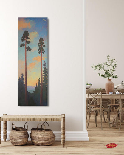 Sunset Forest Tall Pine Tree Art Print, Vertical Nature Wall Art, Mountain Landscape Canvas, Sequoia Tree Decor, Rustic Cabin Home Artwork