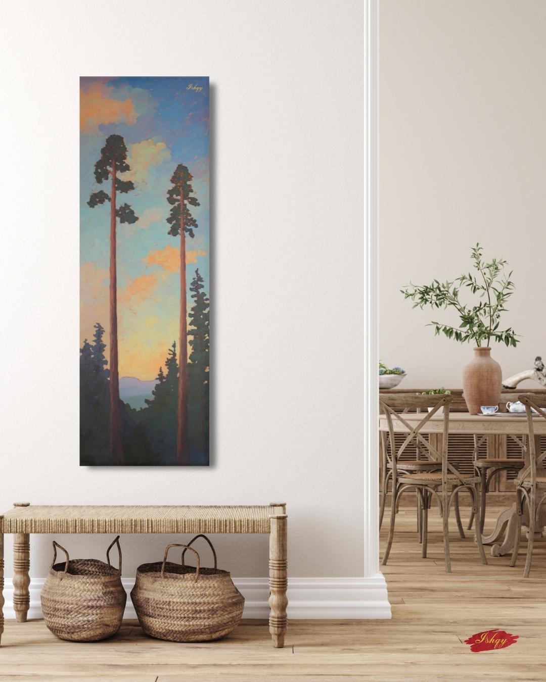 Sunset Forest Tall Pine Tree Art Print, Vertical Nature Wall Art, Mountain Landscape Canvas, Sequoia Tree Decor, Rustic Cabin Home Artwork