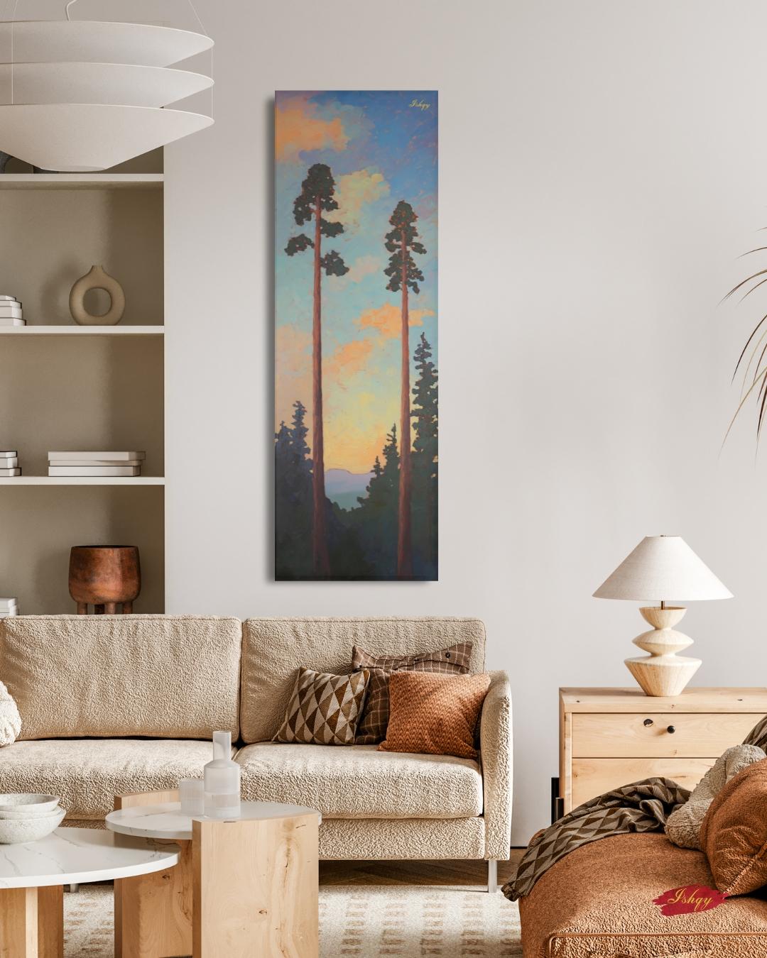 Sunset Forest Tall Pine Tree Art Print, Vertical Nature Wall Art, Mountain Landscape Canvas, Sequoia Tree Decor, Rustic Cabin Home Artwork