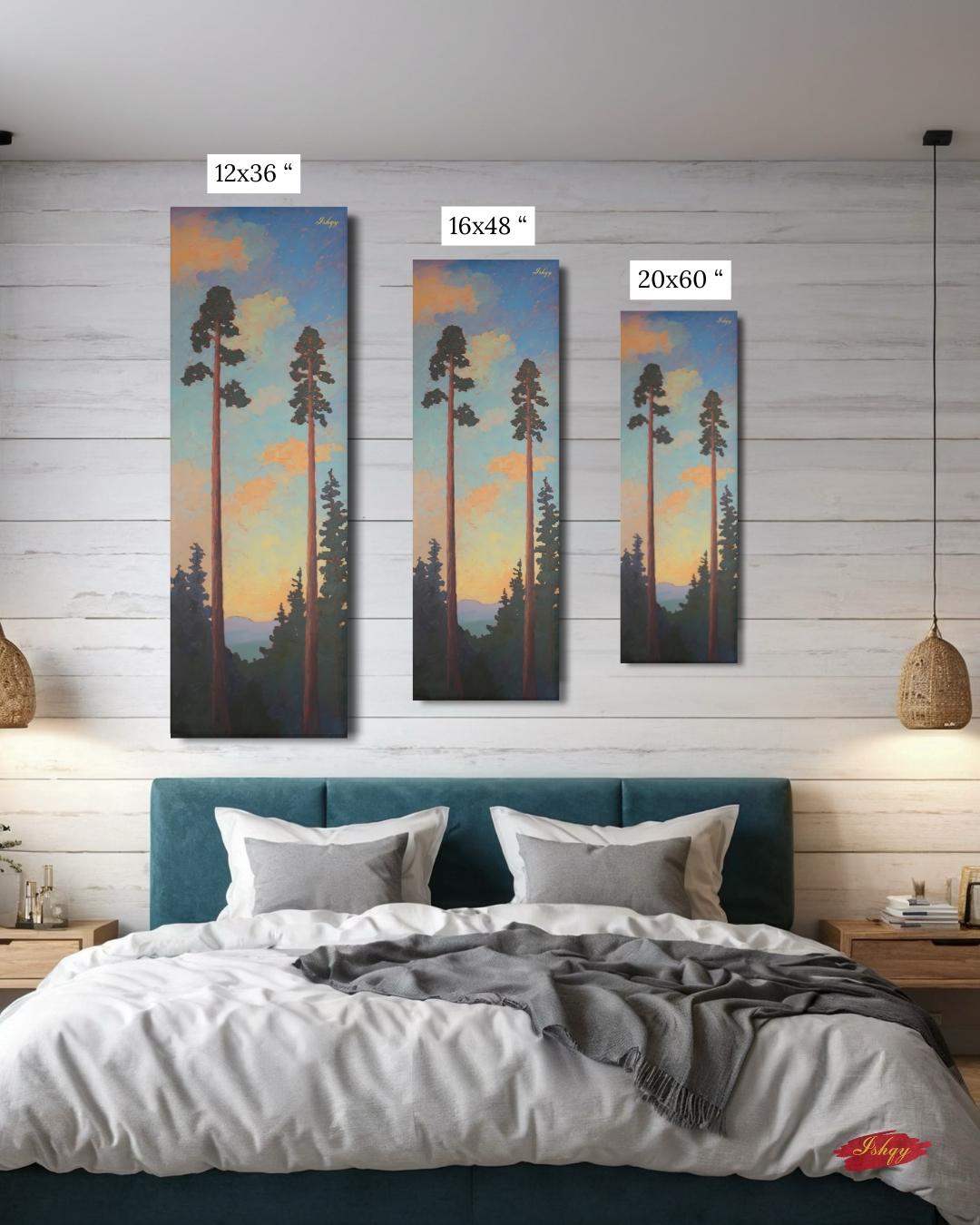 Sunset Forest Tall Pine Tree Art Print, Vertical Nature Wall Art, Mountain Landscape Canvas, Sequoia Tree Decor, Rustic Cabin Home Artwork