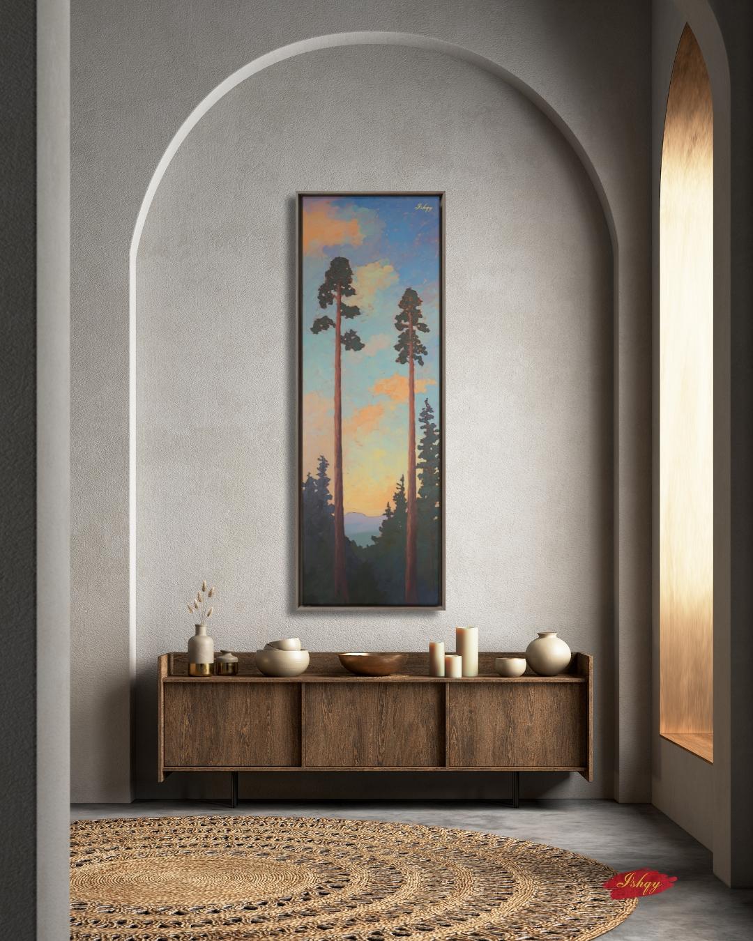 Sunset Forest Tall Pine Tree Art Print, Vertical Nature Wall Art, Mountain Landscape Canvas, Sequoia Tree Decor, Rustic Cabin Home Artwork