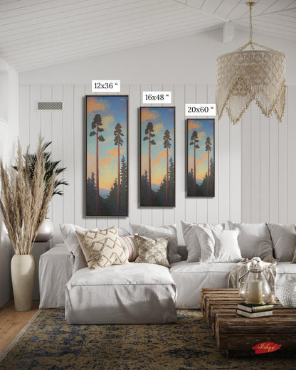 Sunset Forest Tall Pine Tree Art Print, Vertical Nature Wall Art, Mountain Landscape Canvas, Sequoia Tree Decor, Rustic Cabin Home Artwork