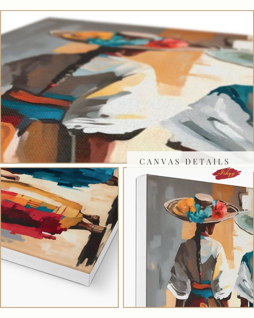 Colombian Women Wall Art Print Canvas Framed Canvas, Colorful Latin Folk Painting with Straw Hats and Flowers, Boho Living Room Decor